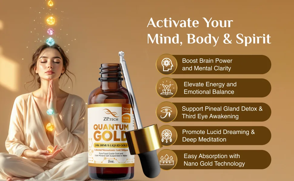 Quantum Gold Liquid Ormus Monoatomic Gold Elixir 24K | Colloidal Gold & Liquid Gold Ormus Supplement for for Pineal Gland Activation, Lucid Dreaming & Higher Energy Alignment (2oz.) - Colloidal gold supplement for pineal gland decalcification, lucid dreaming
