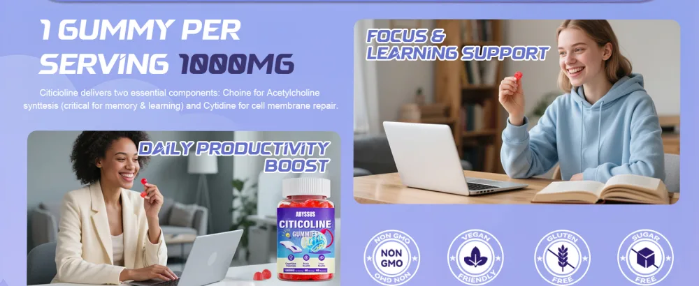 ABYSSUS Citicoline Gummies 1000mg (CDP Choline), Sugar Free Citicoline Supplements for Cognitive & Brain Function, Liver Health, Vegan, 60 Count - product information 11