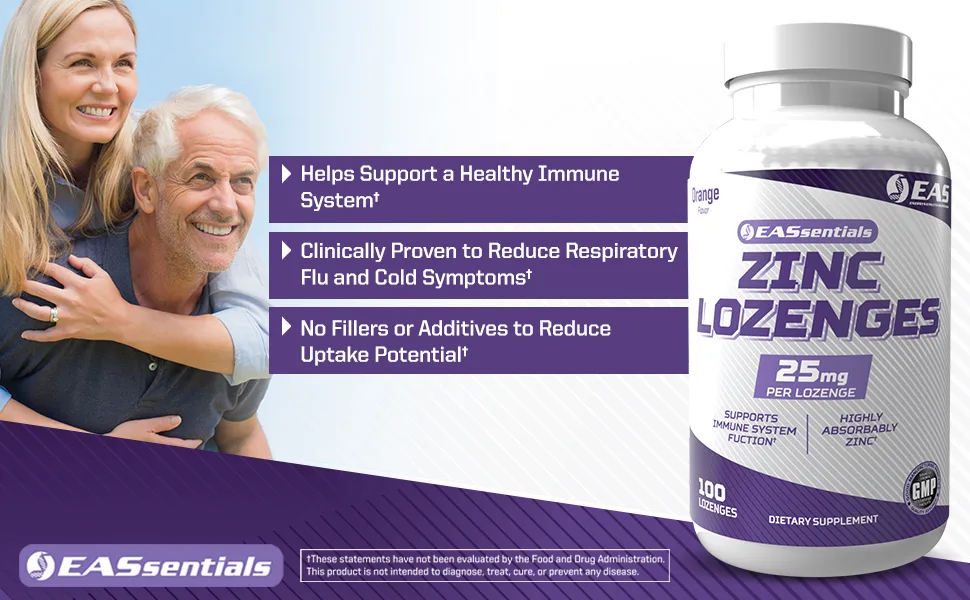 EAS Zinc Lozenges | Highly Absorbable with No Fillers or Additives | Supports Immune Function | Gluten Free, Non GMO | 100 Lozenges (Orange Flavor) - EAS Zinc