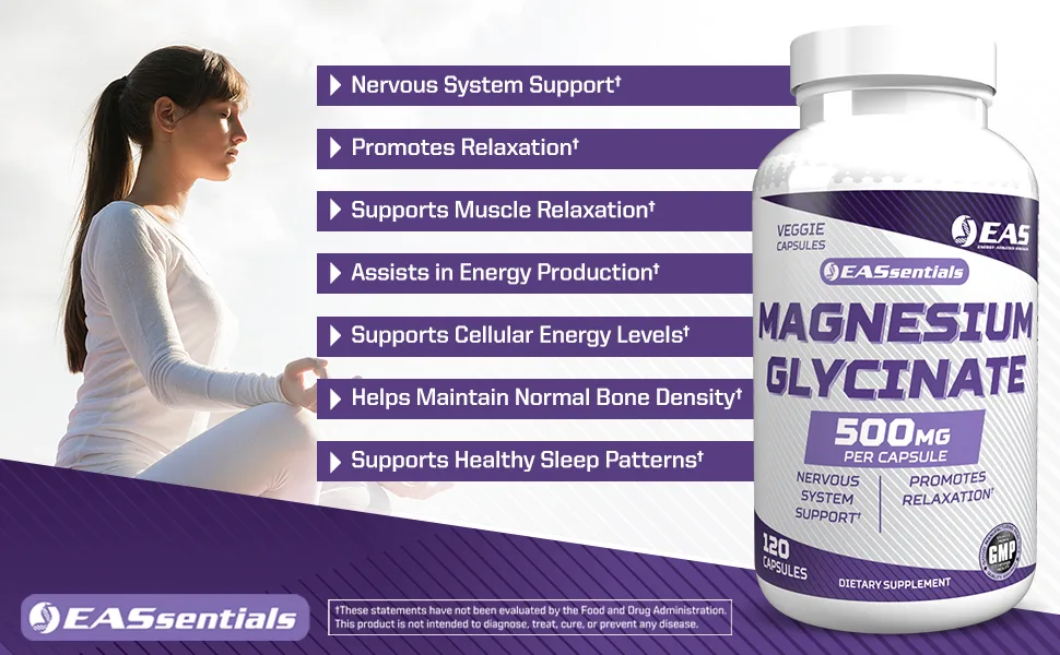 EAS Magnesium Glycinate 500mg | Nervous System & Muscle Function | Relaxation Support | Easy to Digest | Gluten Free, Non GMO, Vegetarian | 120 Veggie Capsules - EAS Magnesium