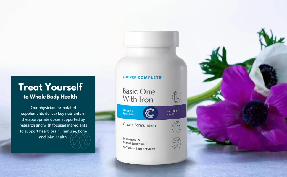 Cooper Complete Basic One Multivitamin with Iron - 60 Tablets per Bottle. Pack of 2 60 Servings per Bottle. Pack of 2 - Bottle of Basic One With Iron by purple flower with treat yourself to whole body health text