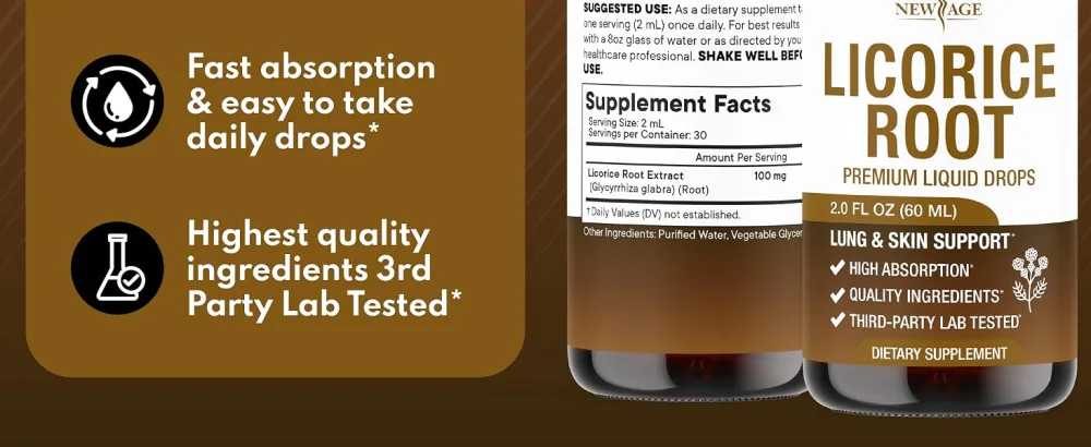NEW AGE Licorice Root Tincture - Digestive, Lung & Skin Support - Licorice Root Extract Liquid Drops - Vegan, Sugar & Alcohol-Free Supplement - 4 fl oz 2 Fl Oz (Pack of 2) - licorice root drops liquid health supplement immune energy digestion gut skin complexion