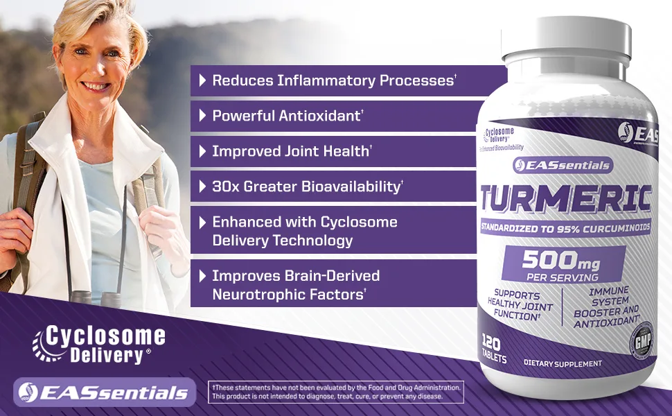 EAS Turmeric 500mg | 95% Standardized Curcuminoids | Boost Antioxidants, Immunity, & Joint Function | Better Absorption with Cyclosome Delivery | 120 Tablets - EAS Turmeric