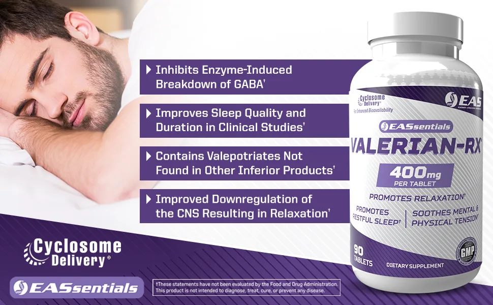 EAS Valerian-RX Valerian Root 400mg | Promotes Relaxation & Restful Sleep | Gluten Free, Non GMO | Better Absorption with Cyclosome Delivery | 90 Tablets - EAS Valerian RX
