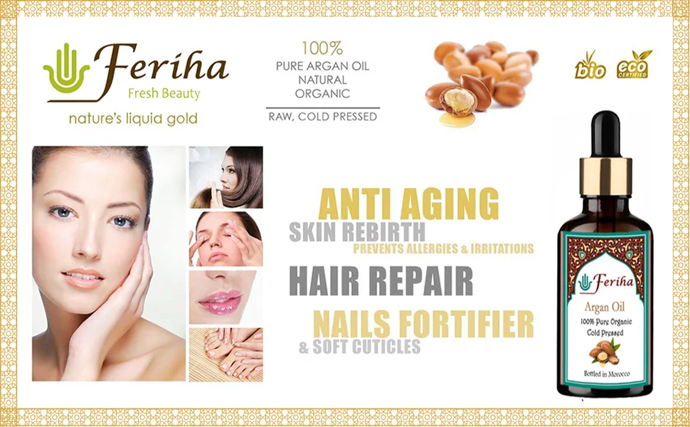 FERIHA Moroccan Extra Virgin Argan Oil, Cold Pressed, Premium Quality, Freshly Bottled in Souss-Agadir - Pure Argan Oil