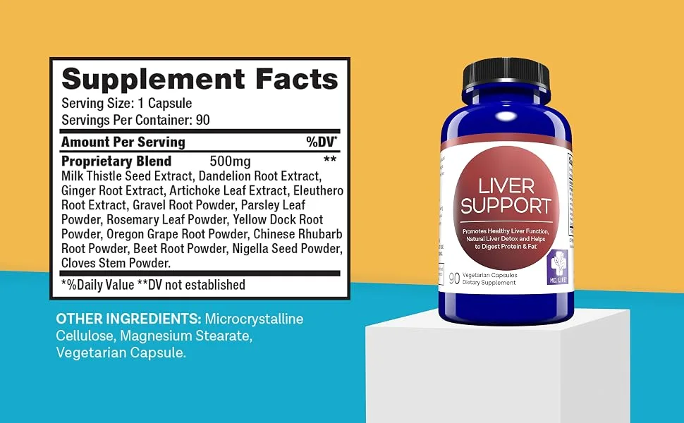 MD.LIFE Liver Support - Supplement with Artichoke, Dandelion, Milk Thistle & Proteolytic Enzymes 90 Count - liver support supplement facts