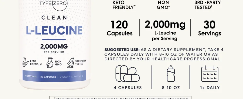 Type Zero L-Leucine Capsules (2000mg per Serving) 120 Capsules - 30 Servings - Type Zero L-Leucine