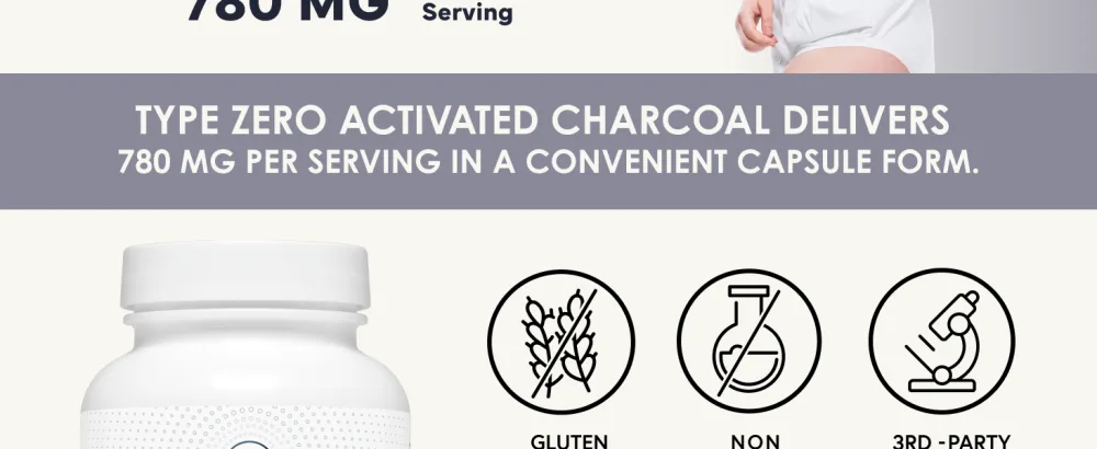 Type Zero Activated Charcoal Capsules (180 Count) - 60 Servings, 780mg Per Serving, from Coconut Shell, Non-GMO, Gluten-Free - Type Zero Activated Charcoal