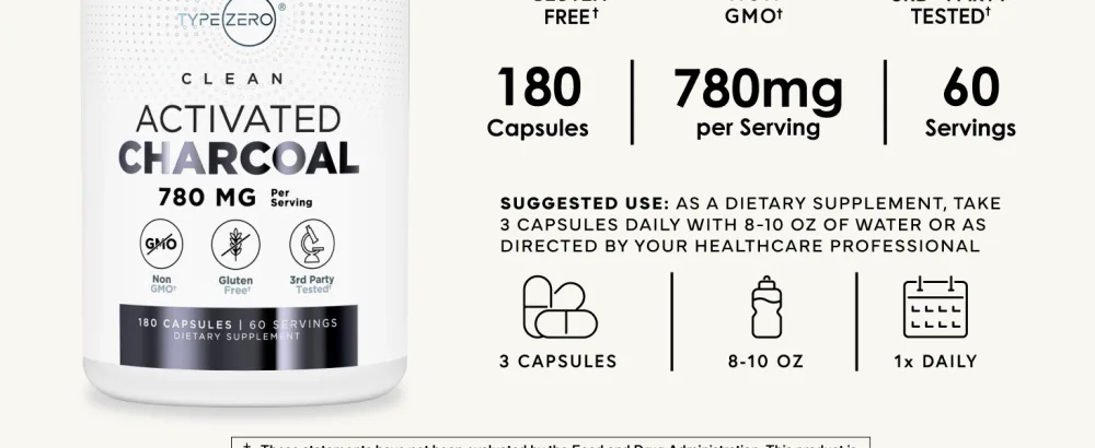 Type Zero Activated Charcoal Capsules (180 Count) - 60 Servings, 780mg Per Serving, from Coconut Shell, Non-GMO, Gluten-Free - Type Zero Activated Charcoal