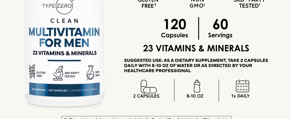 Type Zero Multivitamin Capsules for Men (120 Capsules) (1200 mg) - Gluten-Free, 60 Servings - Type Zero Multivitamin for Men