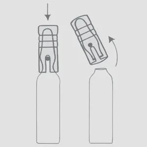 DR. GRANDEL Retinol Ampoules I smoothing, refining, regenerating ampoule against the signs of time - Technical diagram showing bottle closure mechanism with two positions - locked and unlocked states indicated by directional arrows.