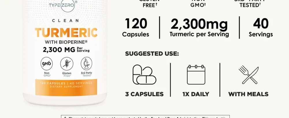 Type Zero Turmeric with Bioperine (120 Capsules) (2300mg per Serving) - GMO Free, Gluten Free, 3rd Party Tested - Type Zero Turmeric with Bioperine