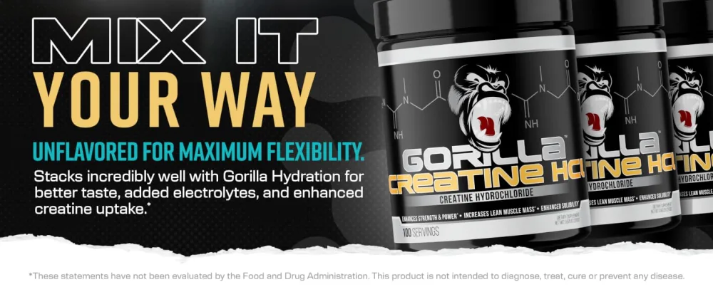 Gorilla Mind CON-CR T Creatine HCl W/Pepsin, Unflavored | GI-Friendly Alternative | Muscle Size, Power Output, Strength, Brain Health & Performance | Convenient 2.5 Grams per Serving, 100 Servings - Gorilla Smooth