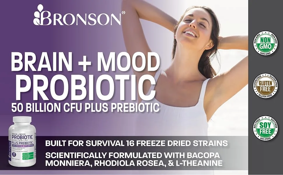Bronson Brain + Mood Probiotic 50 Billion CFU Plus Prebiotic with L-Theanine, Bacopa and Rhodiola Non-GMO, 60 Vegetarian Capsules - brain and mood probiotic
