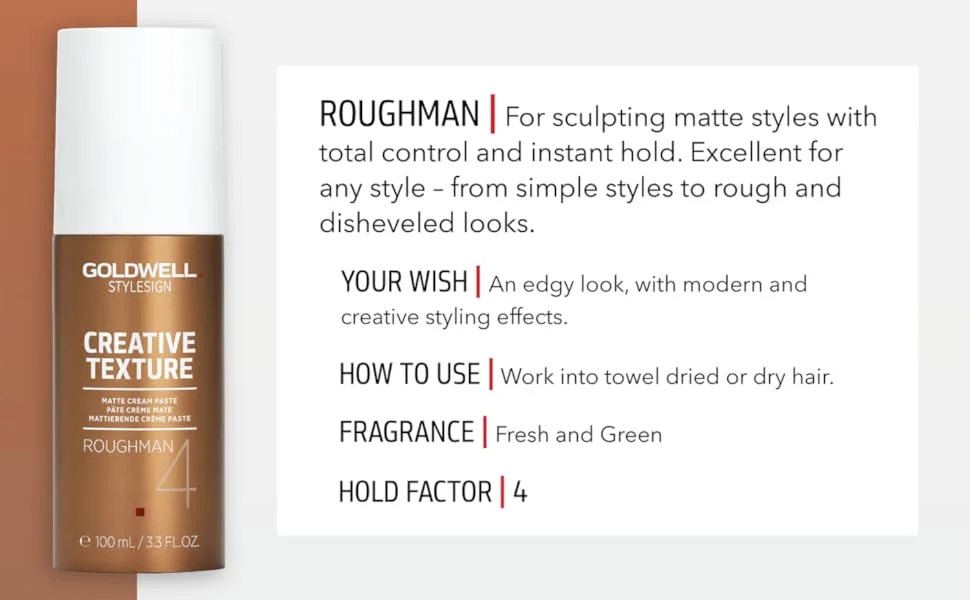 Goldwell StyleSign Creative Texture Roughman Matte Cream Paste  3.38 Fl Oz - rough, man, roughman, gold, well, goldwell, control, hair, style, styling