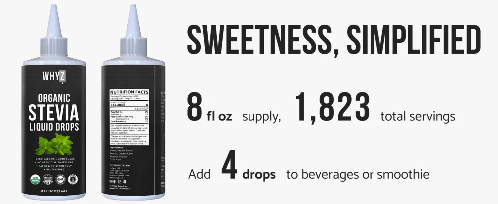 Organic Stevia Liquid Drops Pure Liquid Stevia Extract, Zero Calorie Sweetener for Coffee, Tea & Baking Keto Friendly Sweetener Drops, 8 fl oz, 1,823 Servings - Organic Stevia Liquid Sweetener