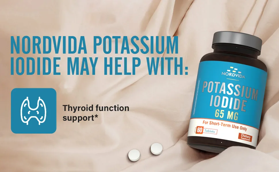 NordVida Potassium Iodide 65 mg Tablets, Emergency Kit, Iodide Pills, Survival Kit, Potassium Iodide (KI) Tablets, Thyroid Support, 60 KI Counts - NordVida Potassium Iodide may help with thyroid function support*