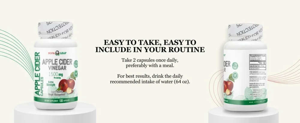 NOPA Leaf Apple Cider Vinegar Capsules 1500 mg per Serving 120 Capsules Dietary Supplement, Non-GMO - Apple