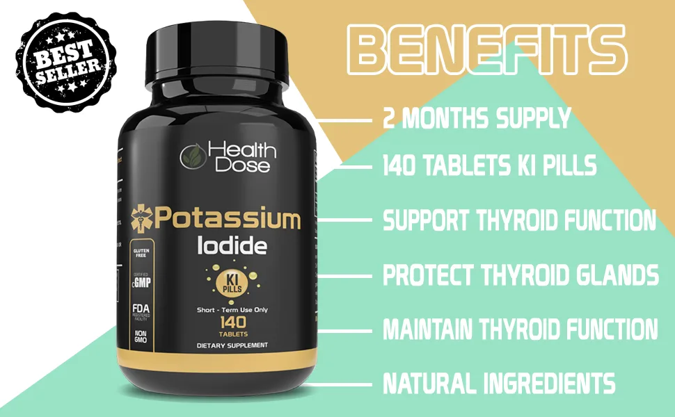 Health Dose Potassium + Iodide (KI) Tablets 130mg 140 Tablets for Thyroid Support, Cellular Metabolism & Electrolyte Balance Non-GMO, Gluten-Free, GMP Certified, 5 Pack - BENEFITS