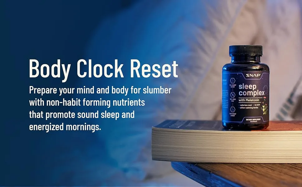 Snap Supplements Natural Sleep Aid with Melatonin & Valerian Root Supports Relaxation, Restful Deep Sleep & Nighttime Recovery 60 Capsules - Body Clock Reset