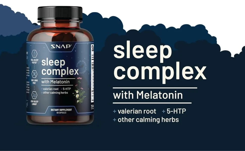Snap Supplements Natural Sleep Aid with Melatonin & Valerian Root Supports Relaxation, Restful Deep Sleep & Nighttime Recovery 60 Capsules - Sleep Complex with Melatonin