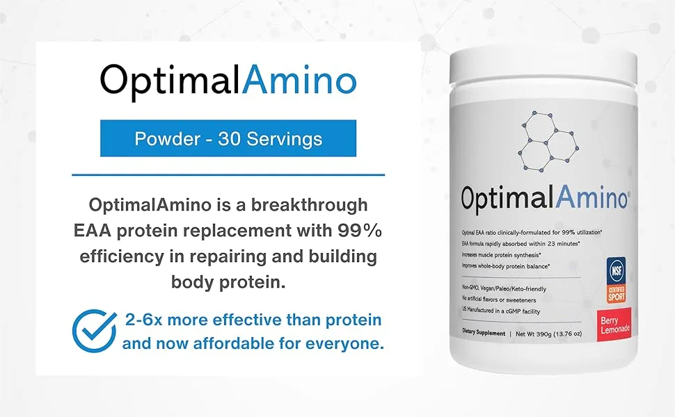 OptimalAmino Best Pre/Post Workout Recovery Drink, 99% Utilization Essential Amino Acid Supplement, NSF Certified for Sport Certified Berry Lemonade - OptimalAmino Powder (Berry Lemonade)
