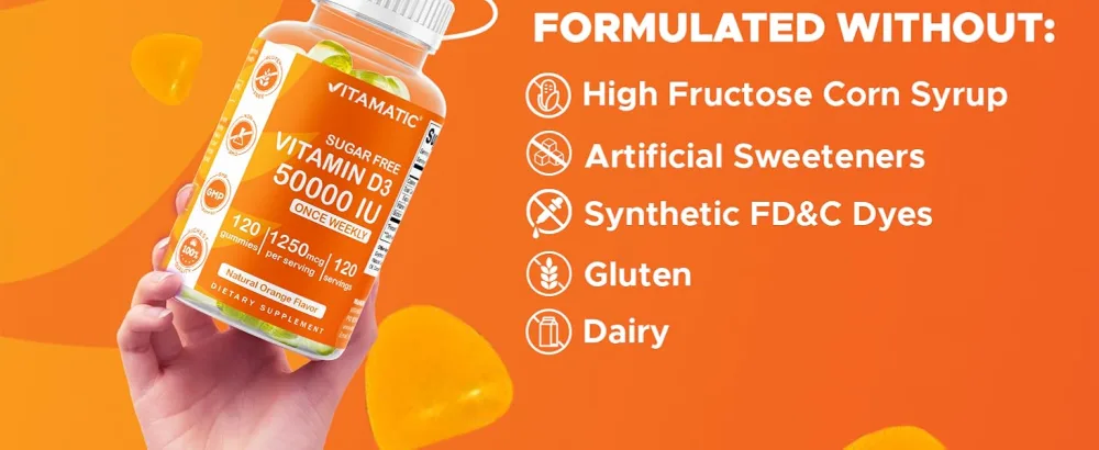 Vitamatic Sugar Free Vitamin D3 50,000 IU Weekly Supplement - 120 Pectin Based Gummies - Vitamin D Capsules for Bones, Teeth, and Immune Support (50000 IU) - 2 Pack - product information 15