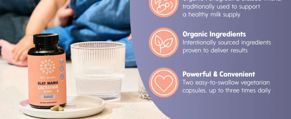 OAT MAMA Organic Lactation Supplement - 'Slay Mama' Blessed Thistle & Fenugreek Capsules - Herbal Lactation Blend, Postpartum Support for Breastfeeding Moms - Oat Mama