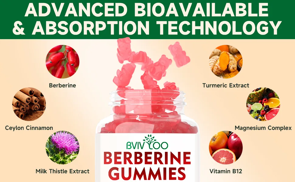 BVIVLOO Premium Berberine Gummies, 2000mg High Potency Berberine HCI Supplement, Plus Ceylon Cinnamon, Milk Thistle for Women & Men, Immune System & Metabolism Support - 60 Gummies - berberine gummies
