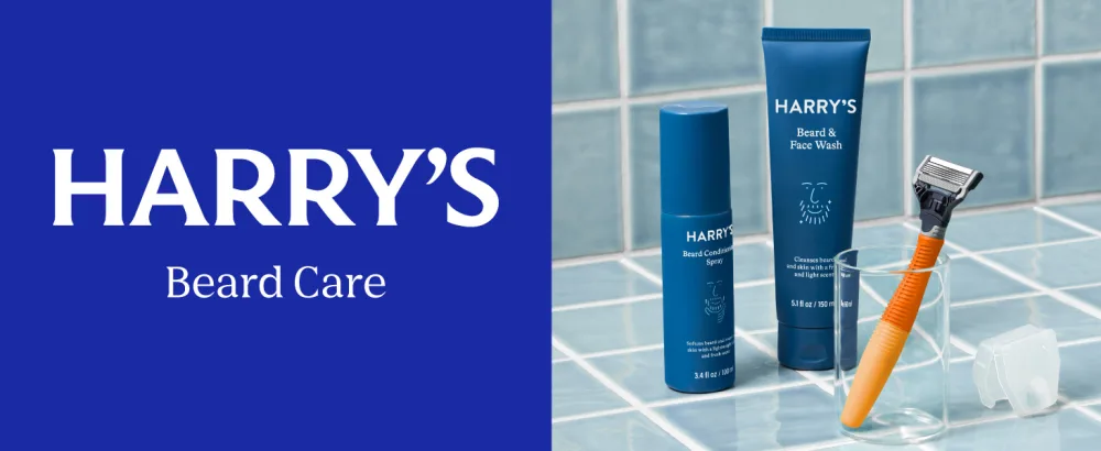 Harry's Beard and Face Wash with Willow Bark Extract, Non-drying Formula, 5.1 FL Oz - Harry’s Beard Care set with wash, conditioner spray, and razor on a tiled bathroom counter.