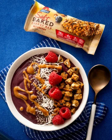 Atkins Protein Wafer Crisps Bundle, Peanut Butter & Chocolate Cr me, Keto Friendly, 5 Count Each - Image of acai bowl made with Atkins soft baked bars