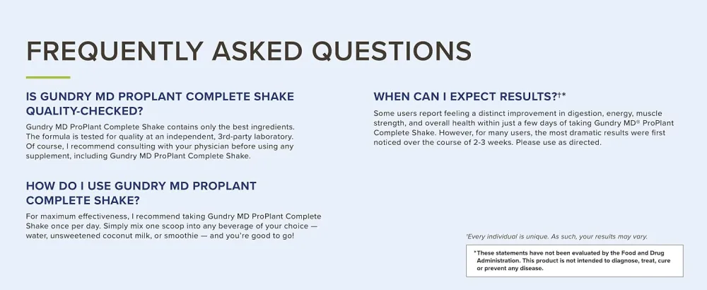 Gundry MD Pro Plant Complete Shake High-Fiber Plant Protein Blend, 20 Servings (Vanilla) - proplant faq