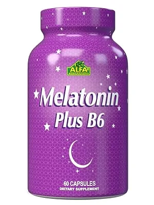 ALFA VITAMINS Melatonin Plus B-6 Supplement with 5MG Sleep Cycle Regulator - Cardiovascular Health - Immune System - 60 Capsules - melatonin 3 d render bottle