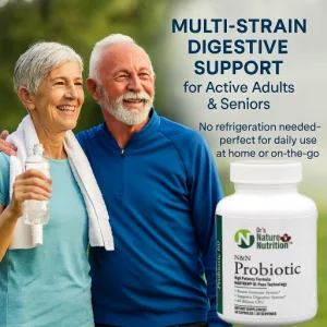Dr's Nature & Nutrition Probiotic 60 Billion CFU Several Clinically Studied Strains Digestive & Immune Support 60 Veggie Capsules - Highlighting probiotic supplement for seniors; product label emphasizes “60 Billion CFU