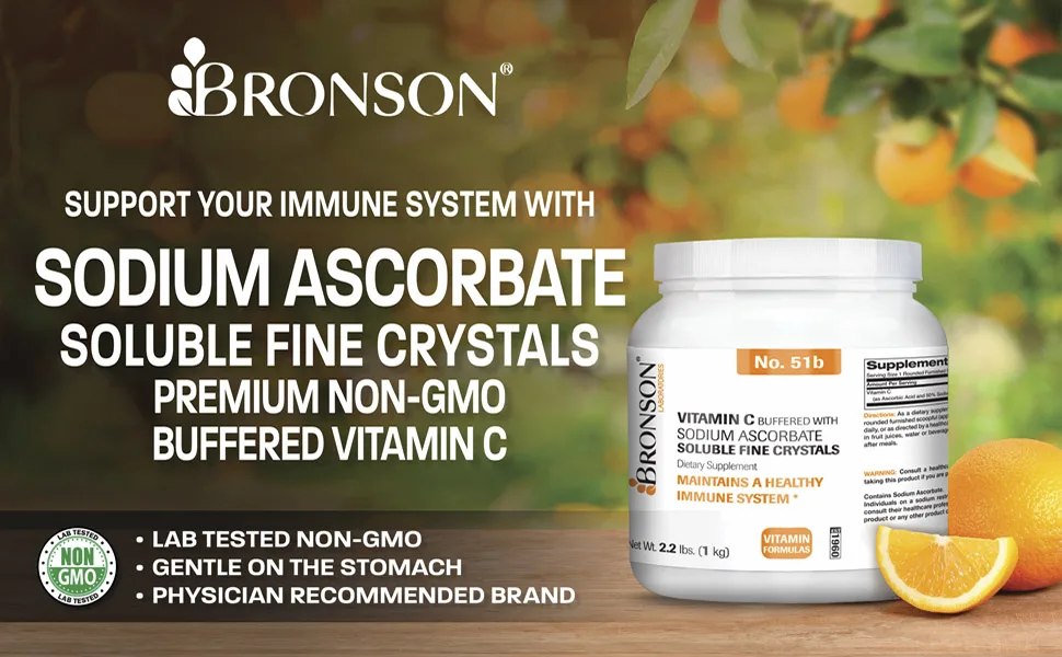 Bronson Buffered Vitamin C Powder Ascorbic Acid Buffered with Sodium Ascorbate Soluble Fine Crystals Promotes Healthy Immune System and Cell Protection Powerful Antioxidant - 1 Kilogram (2.2 Lbs) Unflavored 35.3 Ounce (  - Sodium ascorbate vitamin c crystals