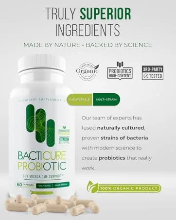Bacticure Probiotic 60 Capsules | High CFU Probiotics for Women & Men | Digestive Support with Prebiotics & Digestive Enzymes | Daily Gut Microbiome Balance, Regularity & Immune Support 1 - bacticure - natural probiotic