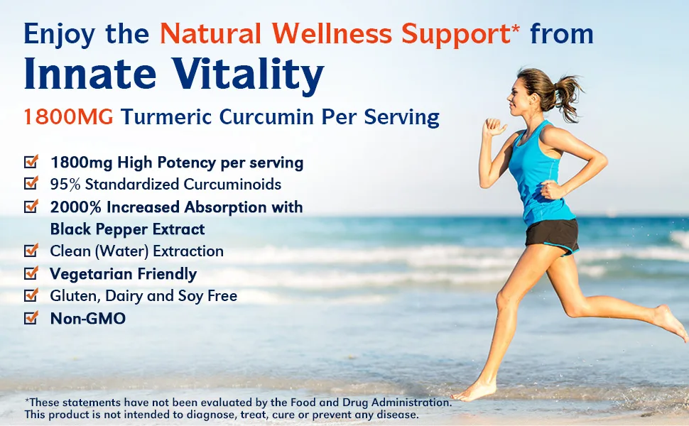 Innate Vitality Turmeric Curcumin Supplement 1800mg with Black Pepper 95% Curcuminoids, Extra Strength & Enhanced Absorption, Antioxidant, 90 Caps - Innate Vitality Turmeric Curcumin 1800MG contains 95% standardized curcuminoids and black pepper.