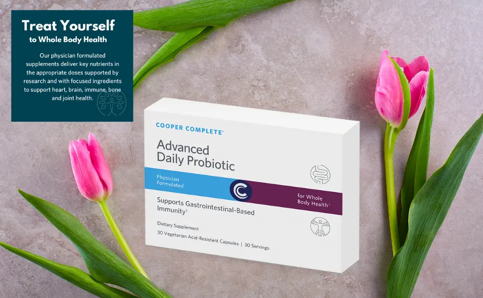 Cooper Complete Advanced Daily Probiotic- 35 Billion CFU | Provides Probiotics to Support Gut Microflora. 30 Capsules. Pack of 1 - box of cooper complete daily probiotic with treat yourself to whole body health and pink flowers