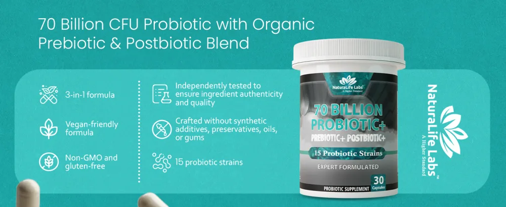 NaturaLife Labs Probiotics 70 Billion CFU 15 Strains with Organic Prebiotic & Postbiotic 3-in-1 Formula 30 Vegan Capsules (2 Pack) - Probiotic