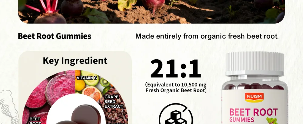 NUISM Organic Beet Root Gummies, Mixed Berry Flavor Supplements,Natural Extract, 21:1 Concentrate, Sugar Free Chews, Energy, Vitality & Performance Support, Beetroot Gummies - BEETROOT