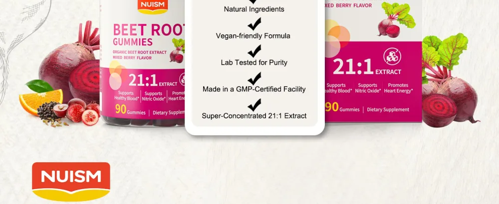NUISM Organic Beet Root Gummies, Mixed Berry Flavor Supplements,Natural Extract, 21:1 Concentrate, Sugar Free Chews, Energy, Vitality & Performance Support, Beetroot Gummies - BEETROOT