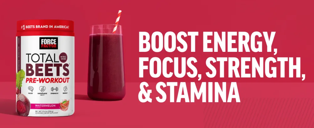 Force Factor Total Beets Pre-Workout Powder to Boost Energy & Endurance, Increase Strength, and Improve Blood Flow and Pumps, Nitric Oxide Supplement with Beet Root Powder, Watermelon, 30 Servings - Boost Energy, Focus, Strength, & Stamina