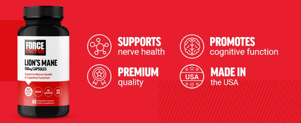 Force Factor Lion s Mane Supplement Capsules, Memory & Focus Supplement, Supports Nerve Health & Cognitive Function, Made with 100% Fruiting Body, Vegan, No Gelatin, Non-GMO, 60 Vegetable Capsules - lions mane lions mane supplement capsules lions mane powder lions mane supplement focus supplement