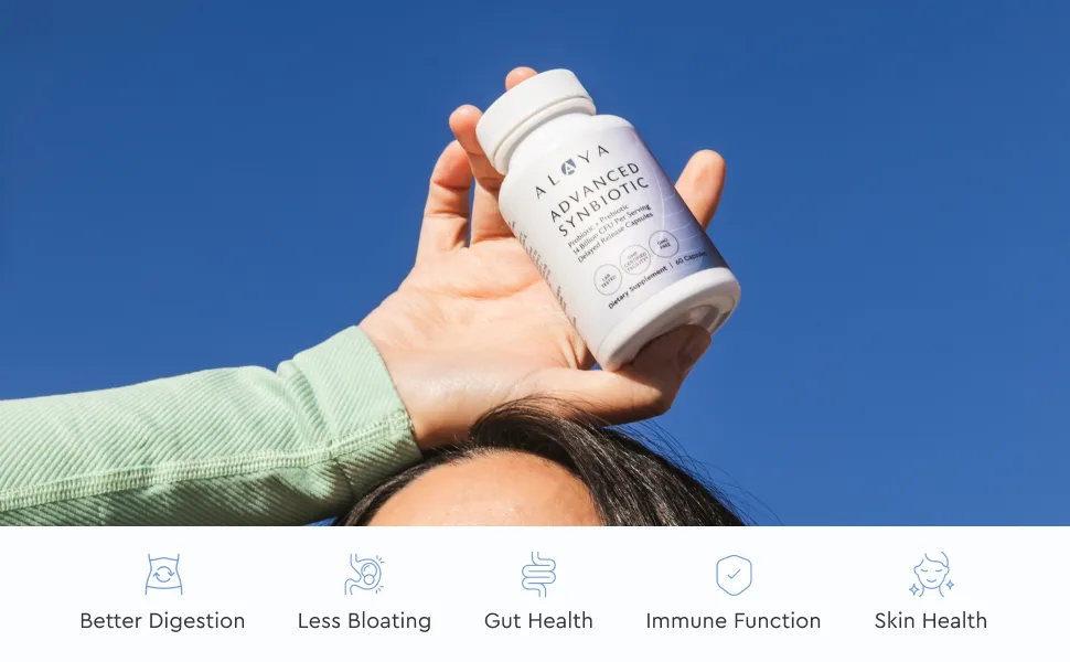 Alaya Naturals Advanced Synbiotic - Probiotic + Prebiotic - 14 Billion CFU Delayed Release Probiotic Supplement with Prebiotics from Sunfiber , and L-glutamine for Gut Lining Integrity - 60 Capsules - Benefits across the board