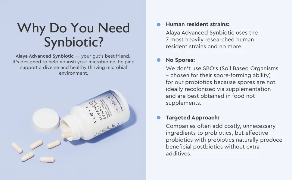 Alaya Naturals Advanced Synbiotic - Probiotic + Prebiotic - 14 Billion CFU Delayed Release Probiotic Supplement with Prebiotics from Sunfiber , and L-glutamine for Gut Lining Integrity - 60 Capsules - What's in our formula