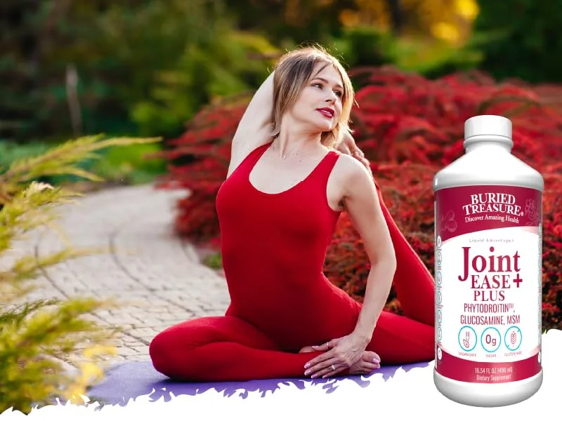 Buried Treasure Joint Ease Plus - 16 fl oz, Glucosamine Chondroitin with MSM and Turmeric, Joint Support Supplement - Woman doing yoga