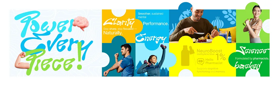 HelloPharmacist Neuroboost Methylene Blue Pharmaceutical Grade Supplement 1% Pharmacist Formulated - USP Grade Lab Certified for Humans | Support for Brain Fog, Focus, Memory, Energy | 2 oz - Jigsaw puzzle with each piece showing a NeuroBoost feature or benefit methylene blue amazon