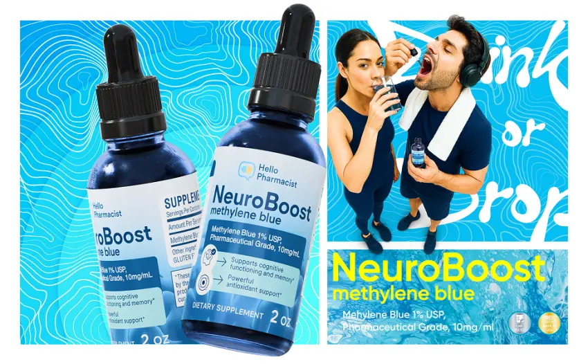 HelloPharmacist Neuroboost Methylene Blue Pharmaceutical Grade Supplement 1% Pharmacist Formulated - USP Grade Lab Certified for Humans | Support for Brain Fog, Focus, Memory, Energy | 2 oz - Man and woman taking NeuroBoost with text 'Drink or Drop' Methylene Blue amazon.