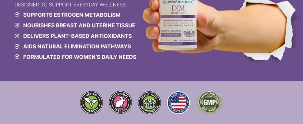 Approved Science DIM - Estrogen Metabolism Support - DIM, Broccoli Sprout, Mustard Seed, Calcium D, BioPerine - Vegan - 1 Bottle - 60 Capsules - DIM5