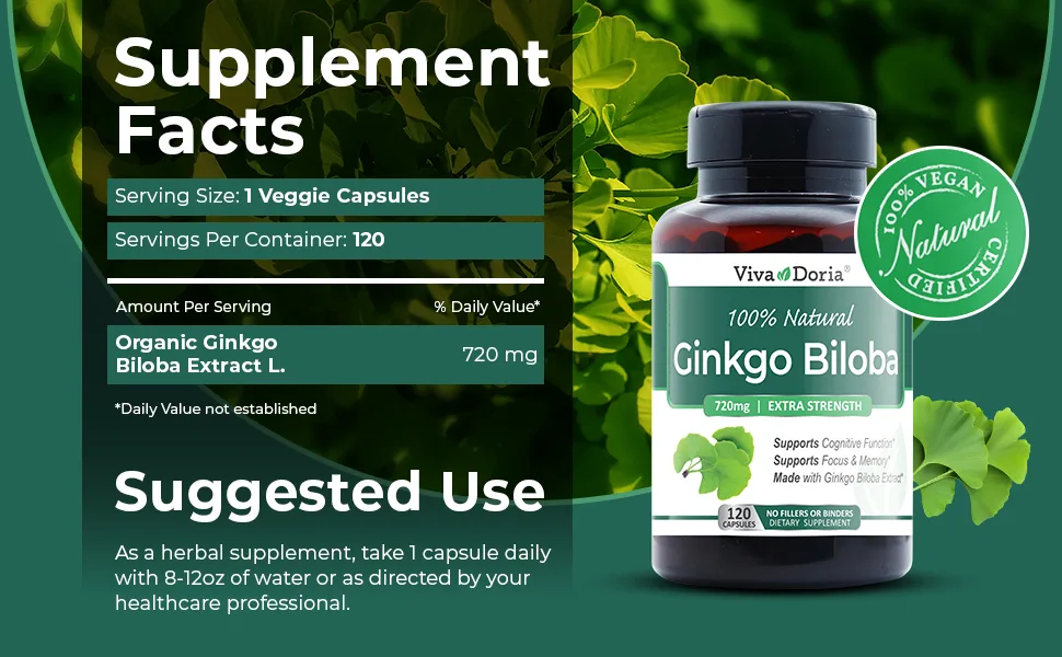 Viva Doria Ginkgo Biloba 720mg, Supports Brain Function & Memory Support, 120 Vegetable Capsules - Supplement facts